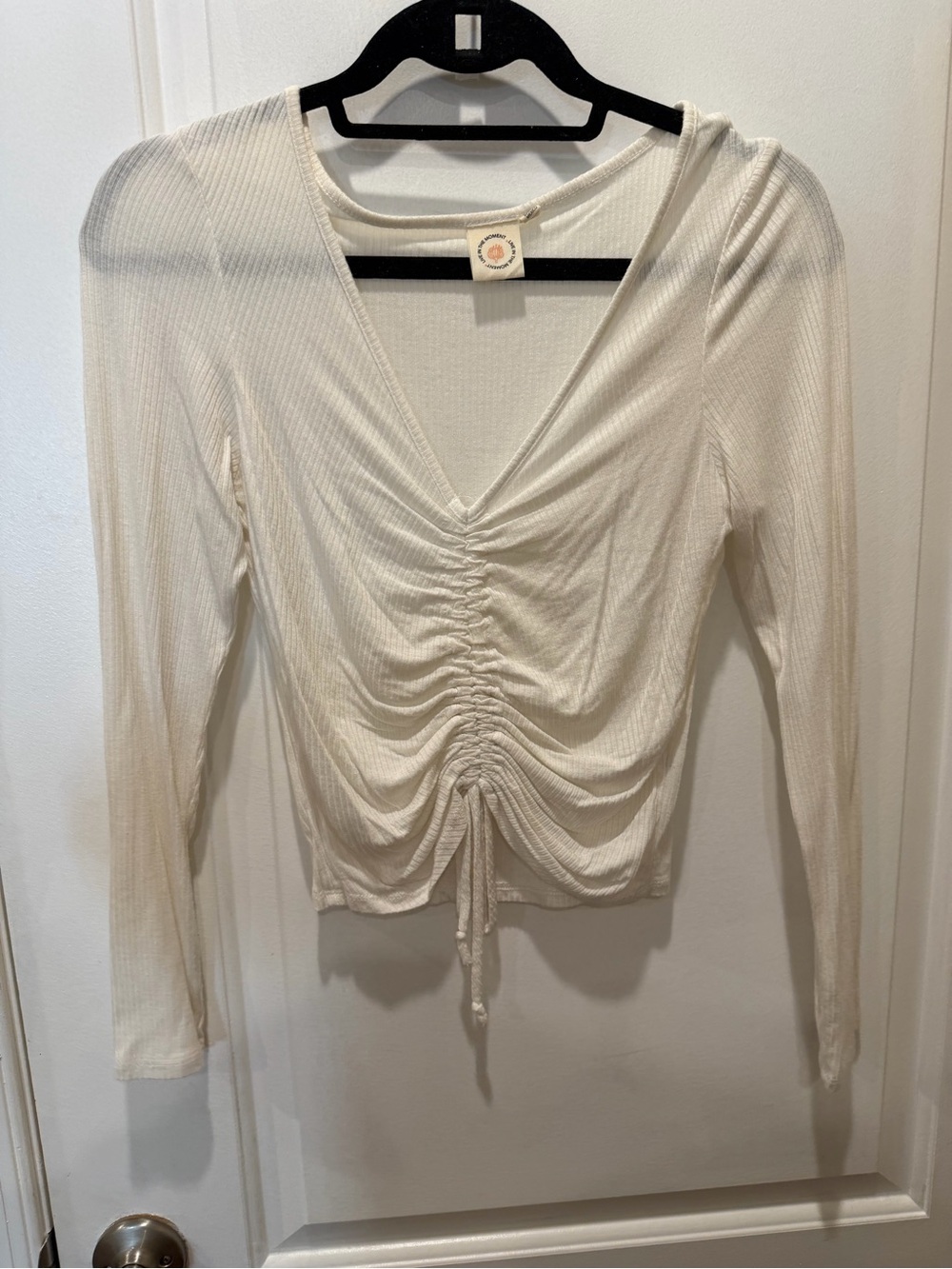 Ruched V-Neck Long Sleeve Top - Cream
